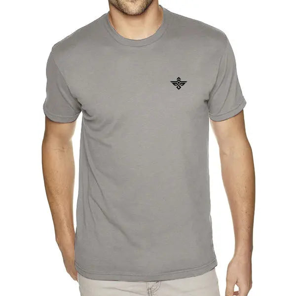 A man wearing the Erozul Premium Crewneck T-Shirt in gray, featuring a small black logo on the left chest, stands against a white background, showcasing Erozul’s superior comfort and classic style.